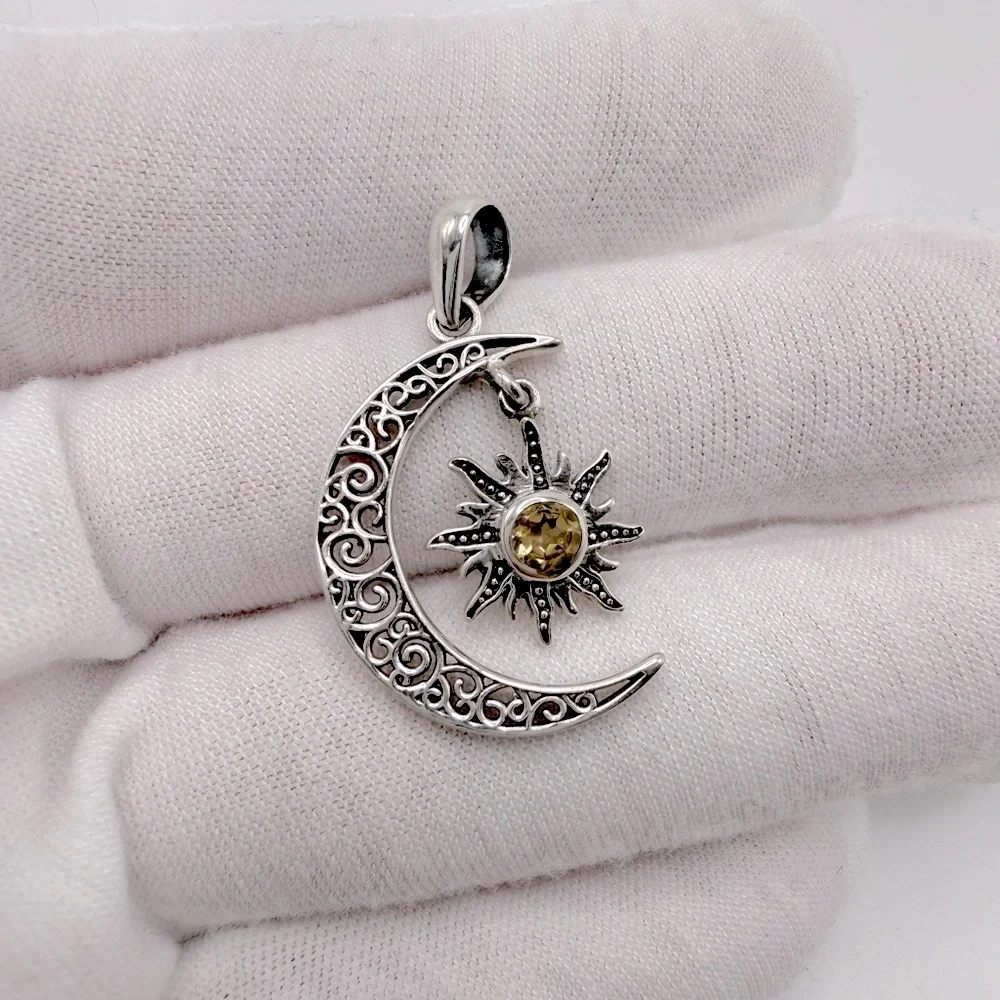 Genuine Citrine .925 Sterling Silver Moon Pendant - Picture 3 of 10